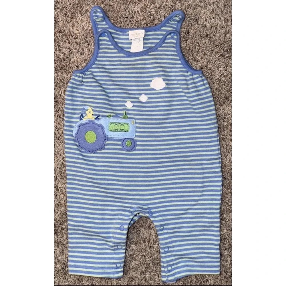Vintage Boy Carter's Baby Striped Dog Tractor Outfit Set Romper Blue 6-9 Months‎